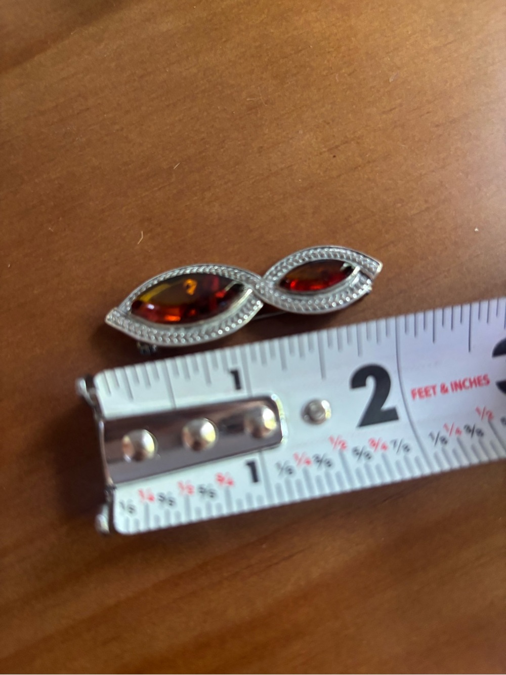 Vintage 925 Sterling Silver Baltic Amber Brooch Pin Marquise Two Stone 6.17g 2” - Picture 7 of 8